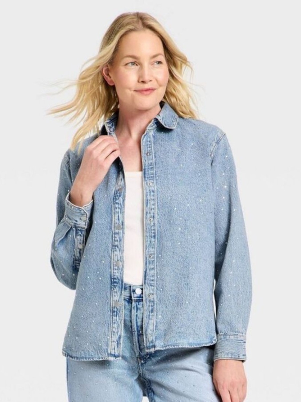 Universal Thread- Light Wash Rhinestone Denim Button-Up Shirt 3X (NWT)